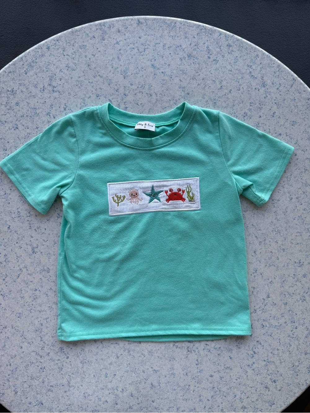 Mint Green Short-Sleeve Kids Tee with Sea Critter Embroidery